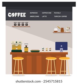 Illustration of a modern coffee shop counter featuring a coffee machine, grinder, cups, and various brewing tools. The menu above lists different coffee options like espresso and cappuccino.