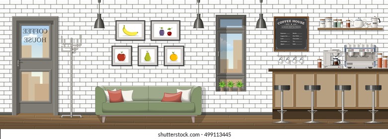 Illustration of a modern coffee shop, panorama