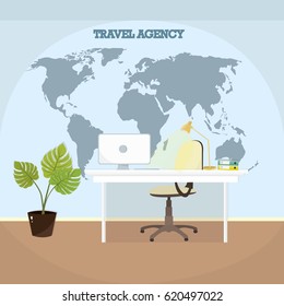 Illustration of modern colorful travel agency workplace. Office interior design. Flat style vector illustration