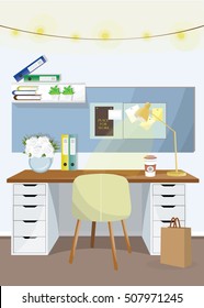 Illustration of modern colorful workplace at home. Flat style vector illustration.