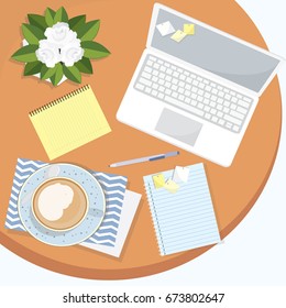 Illustration of modern colorful workplace with laptop,coffee and notebooks. Office interior design. Flat style vector illustration.