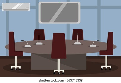 Illustration Of A Modern And Comfortable Office And Conference Room With A Large Round Table, Comfortable Chairs, Air Conditioning, As Well As The Large Monitor On The Wall 