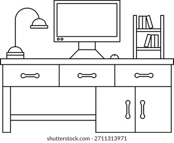 Una ilustración de un escritorio de computadora moderno con una lámpara, monitor y estantería, diseñado para uso en oficinas y espacios de trabajo.