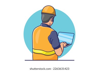 Illustration of a modern construction working man laptop use cartoon vector white background