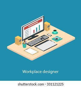 Illustration of modern creative office workplace, workplace with computer. The office of a creative worker.Computer, smartphone, graphic tablet,coffee mug,pencils. Isometric
