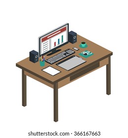 Illustration of modern creative office workplace, workplace with computer. The office of a creative worker.Computer, smartphone, graphic tablet,coffee mug,pencils. Isometric