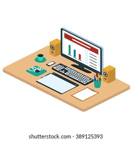 Illustration of modern creative office workspace, workplace with computer. The office of a creative worker. Computer, smartphone, graphic tablet, coffee mug, pencils. Isometric