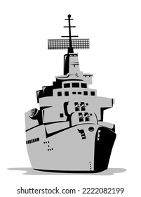 Illustration of a modern cruiser warship battleship at sea viewed from front on isolated background done in retro style.