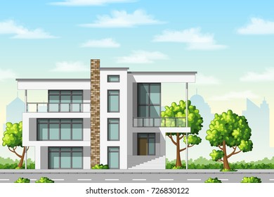 Illustration of a modern cube house with trees