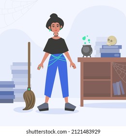 Illustration of a modern cute witch with a broom and a cauldron in a flat style