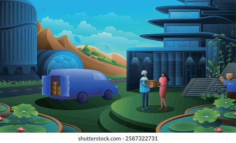 Illustration of a modern delivery service, featuring a delivery van and personnel exchanging packages in a contemporary residential setting.