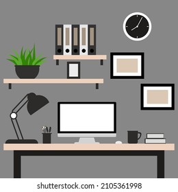 Illustration of modern desk with computer set documents and stationery.flat computer icon minimal style set vector design