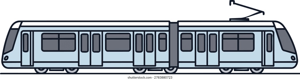 Illustration of a modern electric train with a sleek design, featuring multiple doors, windows, and overhead power lines.