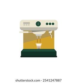 Illustration of a modern espresso coffee machine brewing a shot of espresso into a small cup. The machine, with a sleek design and minimalist control buttons, is set against a white background