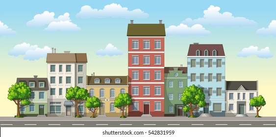 Illustration of a modern family house with trees