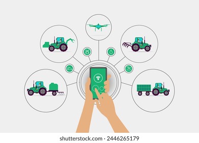 ilustración de un agricultor moderno que utiliza un teléfono inteligente para controlar las actividades agrícolas utilizando equipos agrícolas inteligentes