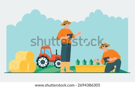 Illustration of modern farmers using digital tablets to monitor crops and manage agricultural production in a farm field.