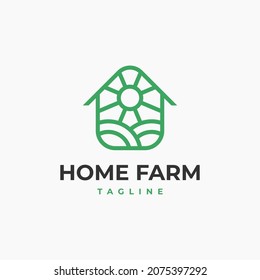 Illustration modern Farmhouse with sun and field logo design