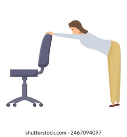 Illustration of a modern female employee stretching at her ergonomic office chair for midday stress relief and improved posture, promoting a healthy and active lifestyle in the workplace