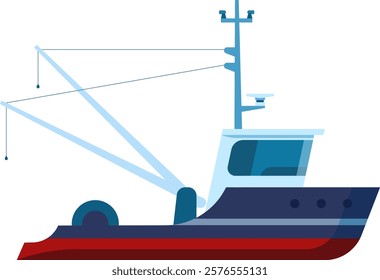 Illustration of a modern fishing vessel featuring a sleek design with a red and blue hull. The boat is equipped with fishing gear and a streamlined cabin, emphasizing maritime technology