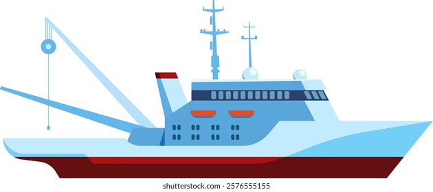 Illustration of a modern fishing vessel featuring advanced equipment, including radar and cranes. The design highlights the ship s functionality and sleek, streamlined structure