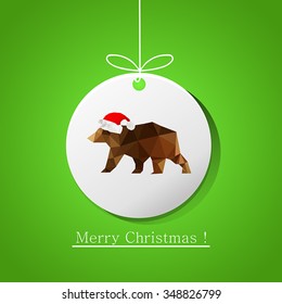 Illustration of modern flat card with origami bear on Christmas ball