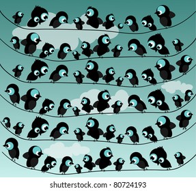 Illustration of modern flat design with funny birds on wires 