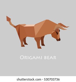 Illustration of modern flat design with origami bull isolated on grey background