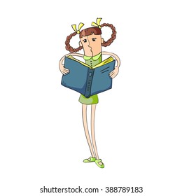 Illustration modern girl with funny hair, reading a book, cartoon style