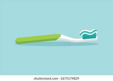 Ilustración de un moderno cepillo de dientes verde con pasta de dientes en sus cerdas sobre un fondo azul, que simboliza la higiene bucal y el cuidado dental.