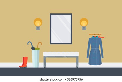 Illustration of modern hallway with banquette, mirror. Creative concept interior with classic furniture . Flat design, minimalist style. Vector illustrator - 10 EPS - for your project 