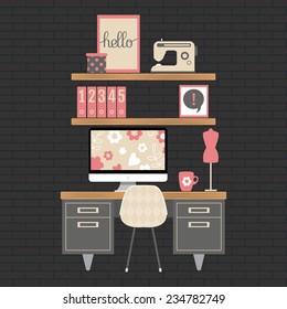 Illustration of modern home office workspace. Flat minimalistic style. Creative craft room for girl. 