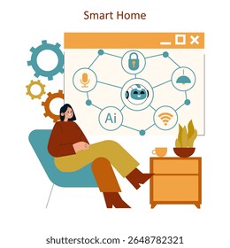 Illustration of a modern home showcasing AI technology. A person interacts with a smart home interface displaying various features. Emphasizes comfort and innovation in home automation for daily life.