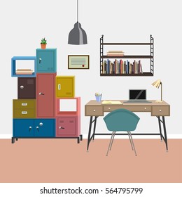 Illustration of modern home workplace. Creative cozy workspace with desktop, laptop, books and other furniture in interior. Vector illustration in flat minimalistic design, website banner.