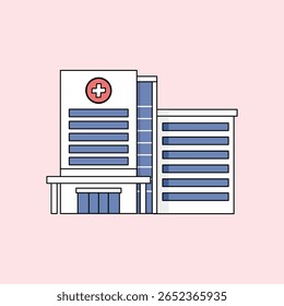 Ilustração de um moderno edifício hospitalar com símbolos médicos e janelas azuis sobre um fundo rosa, adequado para saúde, instalações médicas ou temas de serviço público.
