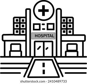 illustration of a modern hospital building outline.first, graphic, paramedic, front, center, set, healthcare, car, help, cross, treatment, tree, house, modern, town, illness, business, cartoon.