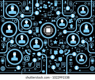 ilustración de humanos modernos en una red de computadoras.
