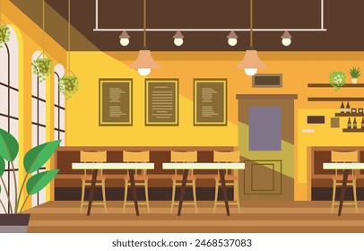 Illustration of Modern Interior Landscape in Cafe Restaurant with Dining Table for Customer