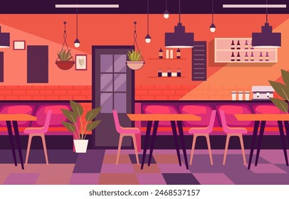 Illustration of Modern Interior Landscape in Cafe Restaurant with Dining Table for Customer