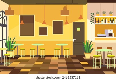 Illustration of Modern Interior Landscape in Cafe Restaurant with Dining Table for Customer