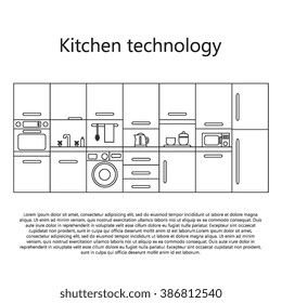 Illustration of modern kitchen with different kitchen and house appliances. Vector line template. Banner or flyer concept for kitchen shop, house appliances and home technology.