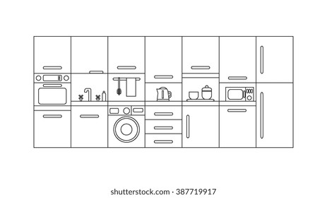 Illustration of modern kitchen with different kitchen and house appliances. Vector line template. Banner or flyer concept for kitchen shop, house appliances and home technology.