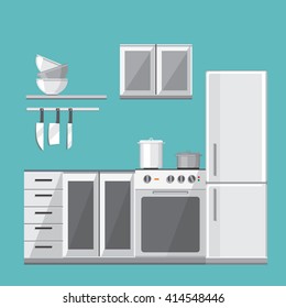 Illustration of modern kitchen with different house appliances. Vector template. 
colored background