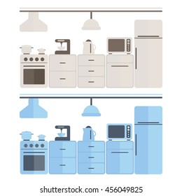 Illustration of modern kitchen with different kitchen and house appliances. vector set. elements of infographic