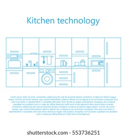 Illustration of modern kitchen with different kitchen and house appliances. Vector line template. Banner or flyer concept for kitchen shop, house appliances and home technology.
