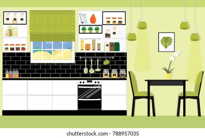 Illustration of modern kitchen and dining room interior design in green color. Flat style vector.