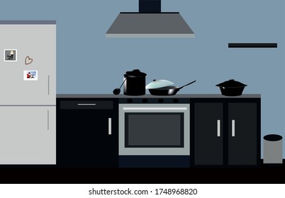 illustration of modern kitchen interior in black and white and gray tones, stove, kitchen tables and bedside tables, such as a frying pan and pan, a bowl on the table, a refrigerator with magnets and