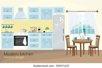 Ilustração de design de interiores de cozinha moderna em cor azul com equipamentos de cozinha, janela, mesa e cadeiras. Ilustração vetorial de estilo plano.