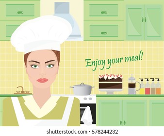Illustration of modern kitchen interior design in green color with woman and kitchen equipment. Flat style vector.