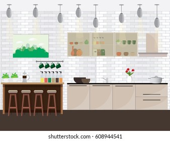 Illustration of modern kitchen interior design with kitchen equipment. Flat style vector.